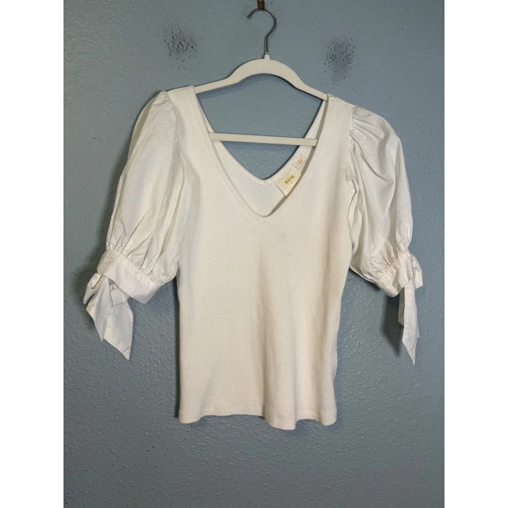 Anthropologie Maeve Puff Sleeve Top White Smocked Size XS
